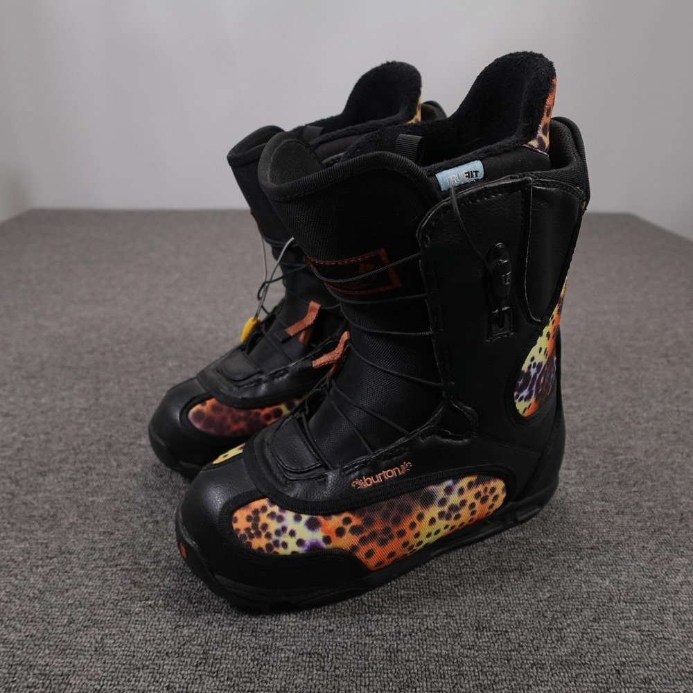 Burton Women's Black Snowboard Boots with Orange and Yellow Leopard Accents